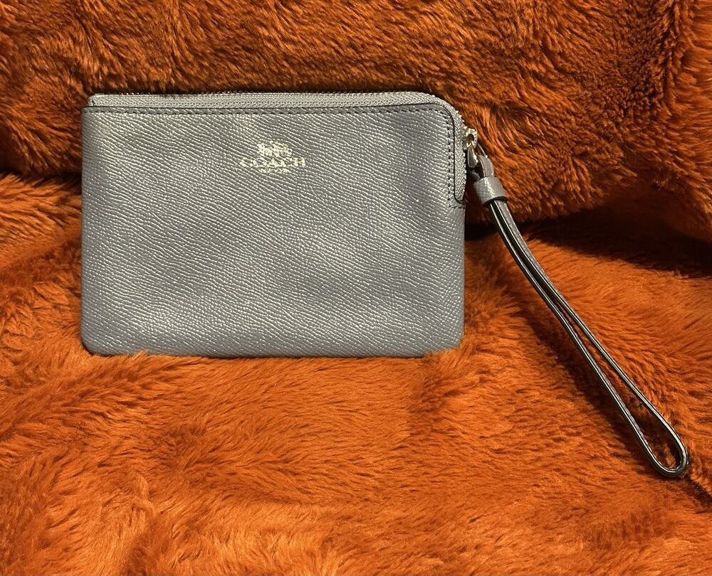 Coach Blue glitter Leather Corner Zip crossgrain Wristlet Designer Luxury Casual